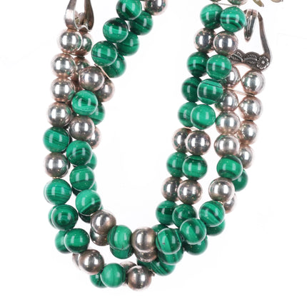 16.5" Retro Carol Felley Sterling silver malachite beaded pendant necklace