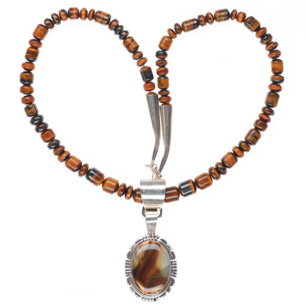 22" Vintage Navajo sterling silver tigers eye beaded necklace w/agate pendant