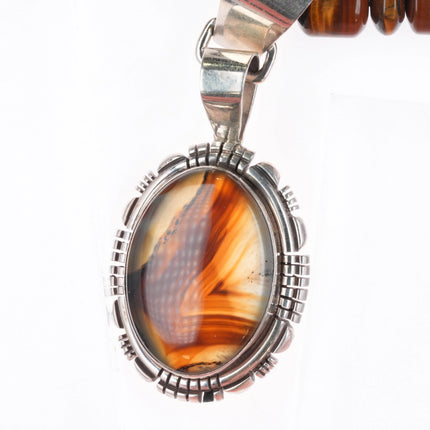 22" Vintage Navajo sterling silver tigers eye beaded necklace w/agate pendant