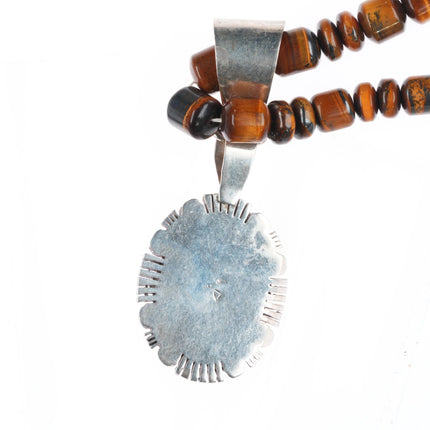 22" Vintage Navajo sterling silver tigers eye beaded necklace w/agate pendant