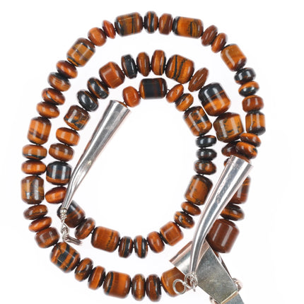 22" Vintage Navajo sterling silver tigers eye beaded necklace w/agate pendant