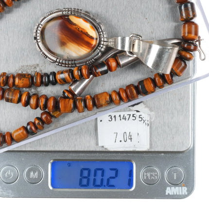 22" Vintage Navajo sterling silver tigers eye beaded necklace w/agate pendant