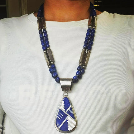 30" Vintage RC Santo Domingo sterling silver pendant/necklace Lapis/shell