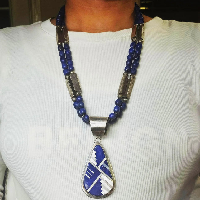 30" Vintage RC Santo Domingo sterling silver pendant/necklace Lapis/shell