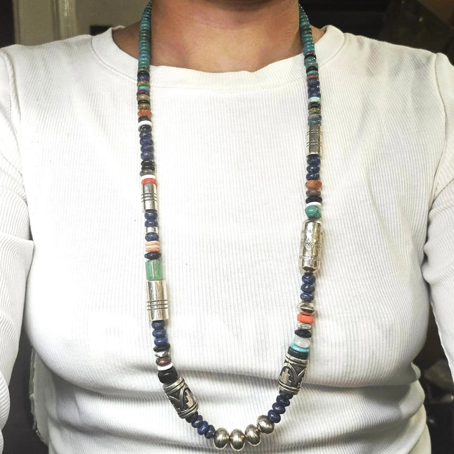 30" Tommy Singer Navajo sterling silver multi-stone turquoise beaded necklace