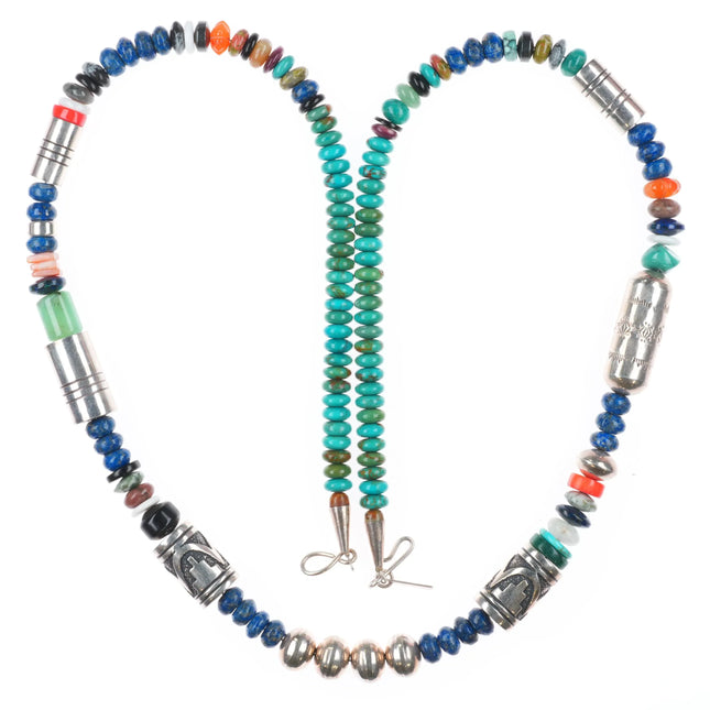 30" Tommy Singer Navajo sterling silver multi-stone turquoise beaded necklace