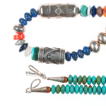 30" Tommy Singer Navajo sterling silver multi-stone turquoise beaded necklace