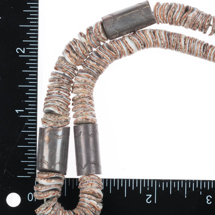 16" Vintage Santo Domingo shell bead stamped sterling silver tube necklace