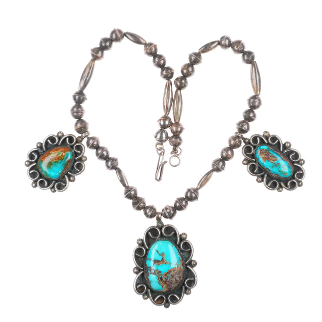 17.5" Vintage 1960's Navajo sterling silver Bisbee turquoise 3 pendant necklace
