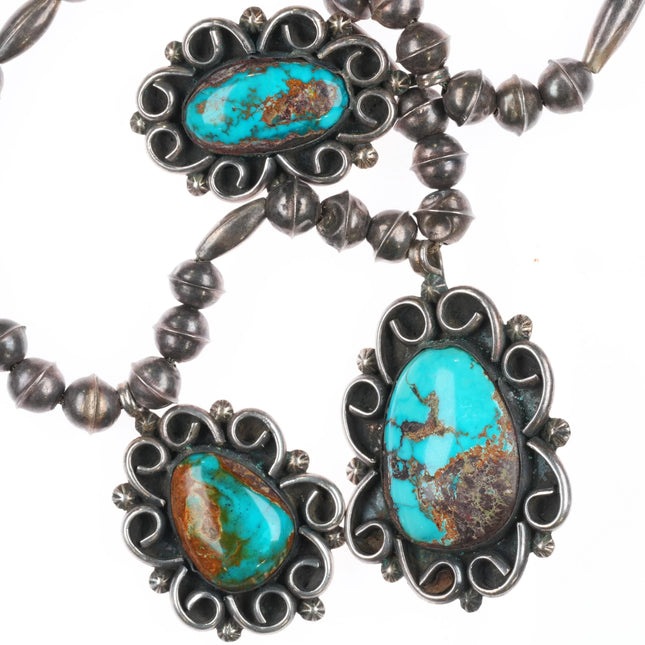 17.5" Vintage 1960's Navajo sterling silver Bisbee turquoise 3 pendant necklace