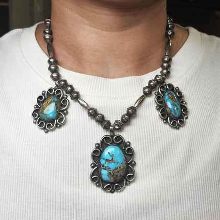 17.5" Vintage 1960's Navajo sterling silver Bisbee turquoise 3 pendant necklace