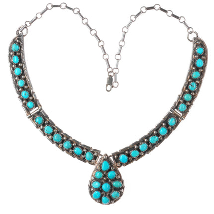 18" Vintage John Delvin Navajo Sterling silver turquoise cluster bib necklace