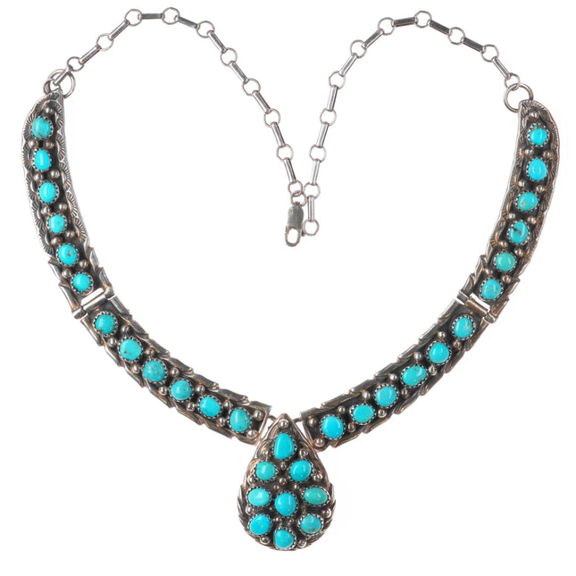18" Vintage John Delvin Navajo Sterling silver turquoise cluster bib necklace