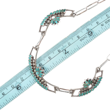 17" Vintage Dishta Zuni sterling silver flush inlay turquoise bib necklace - Estate Fresh Austin