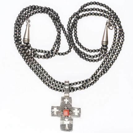 26" LB Southwestern sterling silver spiny oyster cross pendant/beaded necklace - Estate Fresh Austin