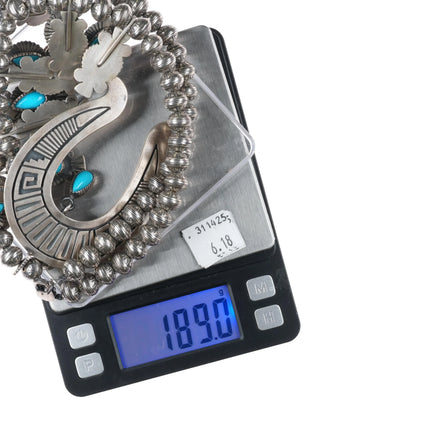 26" Ernest T Bilagody Navajo sterling silver turquoise squash blossom necklace - Estate Fresh Austin