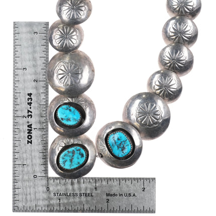 Vintage Southwestern sterling silver pillow bead necklace w/turquoise shadowbox - Estate Fresh Austin