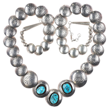 Vintage Southwestern sterling silver pillow bead necklace w/turquoise shadowbox - Estate Fresh Austin