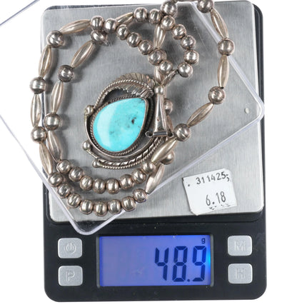 1970's Vintage Navajo sterling silver and turquoise pendant beaded necklace - Estate Fresh Austin