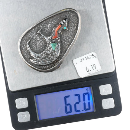 Preston Monongye Hopi Sterling silver turquoise coral bear tufa cast belt buckle - Estate Fresh Austin