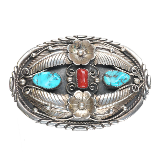 Vintage Navajo sterling silver, turquoise, and coral feather design belt buckle - Estate Fresh Austin