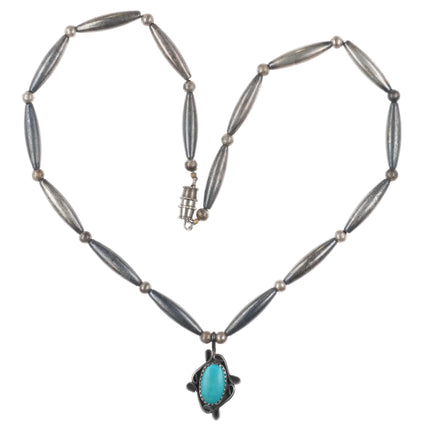 1970's Navajo sterling silver tube bead necklace with turquoise pendant - Estate Fresh Austin
