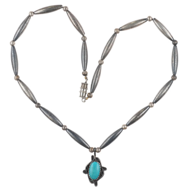 1970's Navajo sterling silver tube bead necklace with turquoise pendant - Estate Fresh Austin