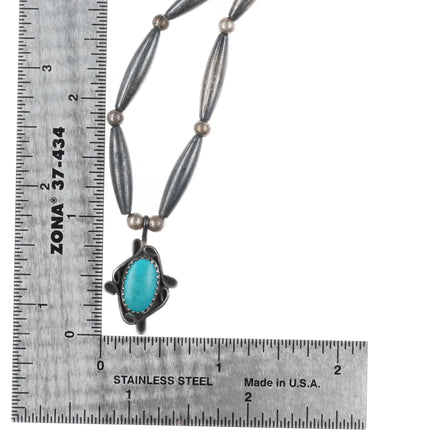 1970's Navajo sterling silver tube bead necklace with turquoise pendant - Estate Fresh Austin