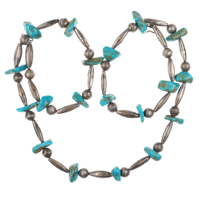 1970's Navajo sterling silver tube bead necklace with turquoise stones - Estate Fresh Austin
