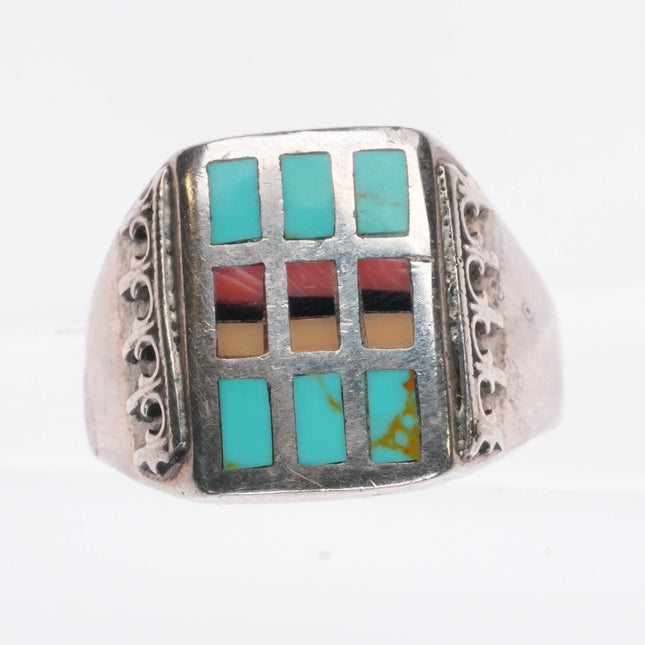 sz11.5 Vintage Navajo sterling silver turquoise/coral inlay ring