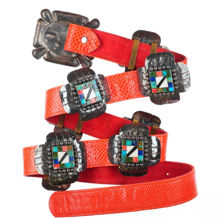 36" Dian Malouf Hammered Sterling silver turquoise intarsia inlay concho belt