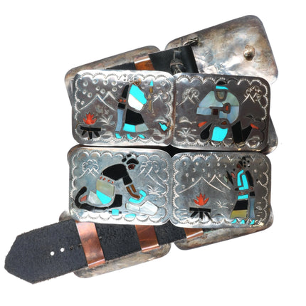 Vintage Benjamin Becenti Navajo sterling silver inlaid storyteller concho belt