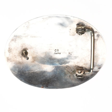 Clarence Bailon Santo Domingo sterling silver rams belt buckle with turquoise - Estate Fresh Austin