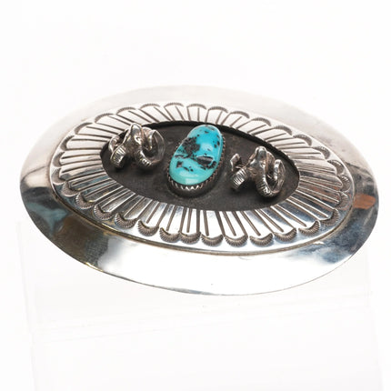 Clarence Bailon Santo Domingo sterling silver rams belt buckle with turquoise - Estate Fresh Austin