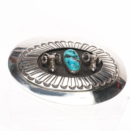 Clarence Bailon Santo Domingo sterling silver rams belt buckle with turquoise - Estate Fresh Austin