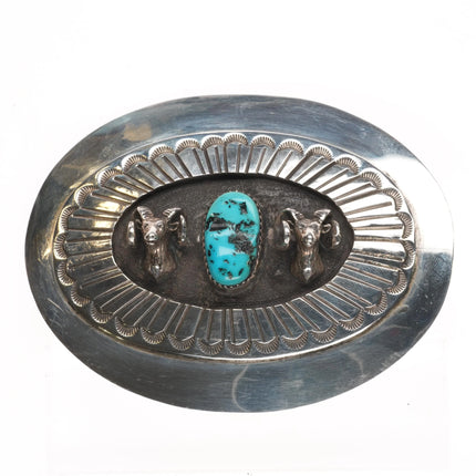Clarence Bailon Santo Domingo sterling silver rams belt buckle with turquoise - Estate Fresh Austin