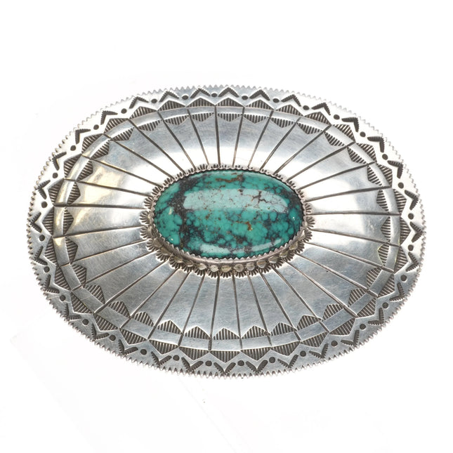 Nice Hand stamped sterling silver belt buckle with spiderweb turquoise - Estate Fresh Austin