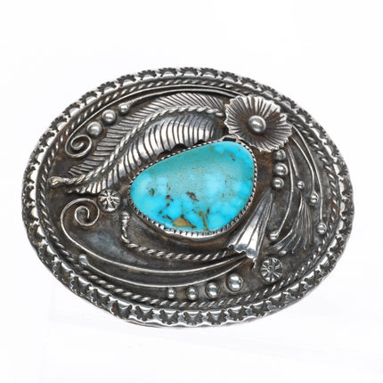 Vintage Navajo 1970's Sterling silver and turquoise belt buckle w/feather design - Estate Fresh Austin