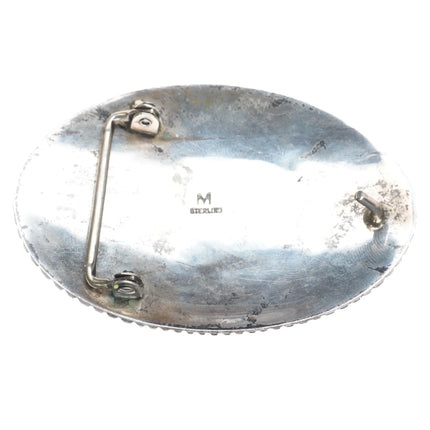 Pete Morgan Navajo heavy stamped sterling silver belt buckle spiderweb turquoise - Estate Fresh Austin