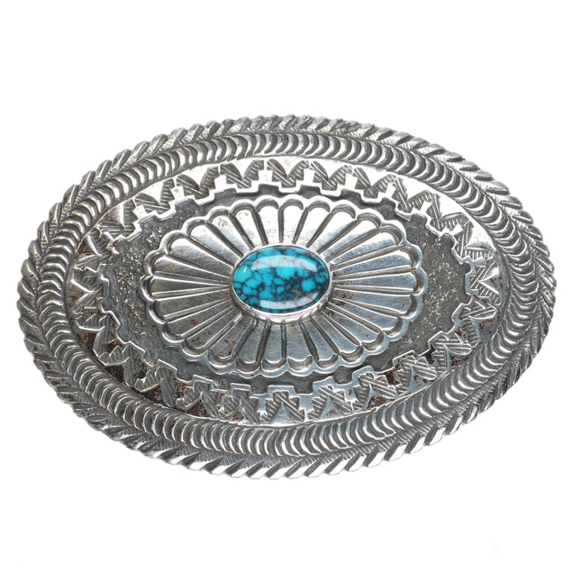 Pete Morgan Navajo heavy stamped sterling silver belt buckle spiderweb turquoise - Estate Fresh Austin