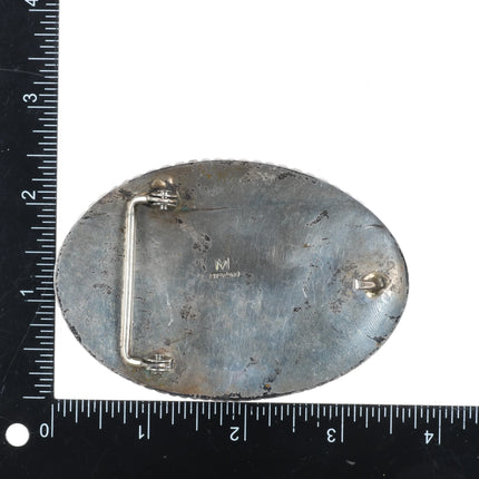 Pete Morgan Navajo heavy stamped sterling silver belt buckle spiderweb turquoise - Estate Fresh Austin