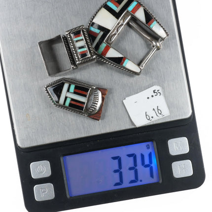 50's-60's Vintage Zuni sterling silver channel inlay ranger belt buckle set 3/4" - Estate Fresh Austin