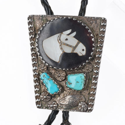 c1970 Isabelle Simplicio Zuni sterling silver, turquoise, horse inlay bolo tie - Estate Fresh Austin