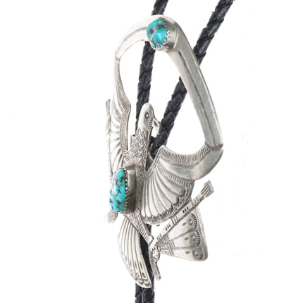 c1970 Large Navajo sterling silver Patriotic Eagle bolo tie with turquoise - Estate Fresh Austin