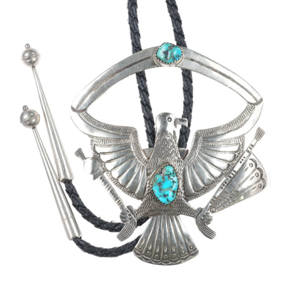 c1970 Large Navajo sterling silver Patriotic Eagle bolo tie with turquoise - Estate Fresh Austin