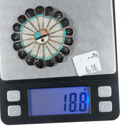 Vintage Zuni carved sunface pin sterling silver, shell, jet, turquoise brooch - Estate Fresh Austin