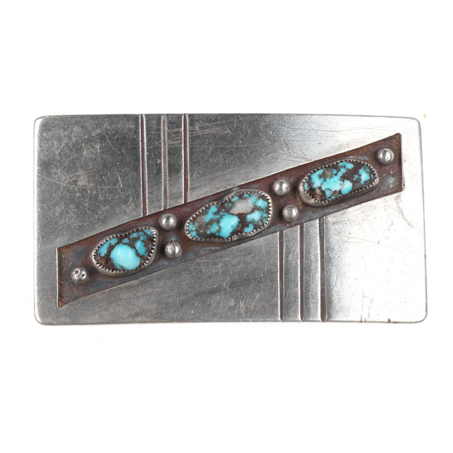 c1950's Southwestern Modernist sterling silver belt buckle with turquoise - Estate Fresh Austin