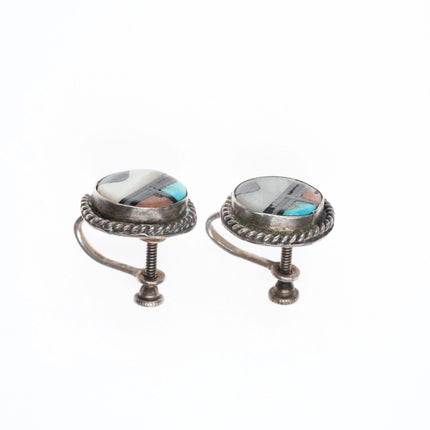 Vintage 1950's Zuni inlay sterling silver screw back sunface earrings - Estate Fresh Austin