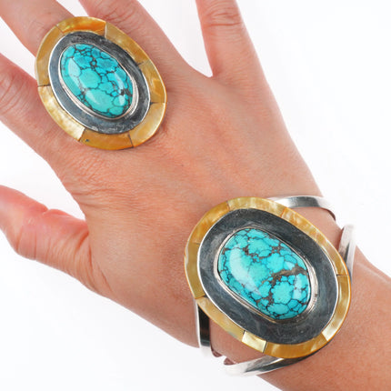 6.7" sz7 Rhoda Jack Navajo sterling silver/turquoise/shell cuff bracelet/ring