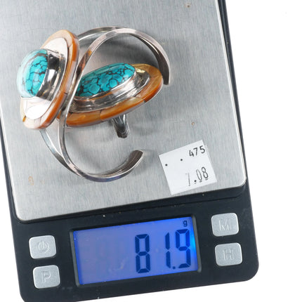 6.7" sz7 Rhoda Jack Navajo sterling silver/turquoise/shell cuff bracelet/ring